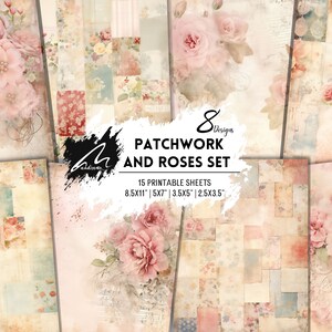 Papeles rosas con motivos florales y patchwork atemporales, páginas vintage shabby chic y arte floral para scrapbooking, Junk Journaling y efímeras CU