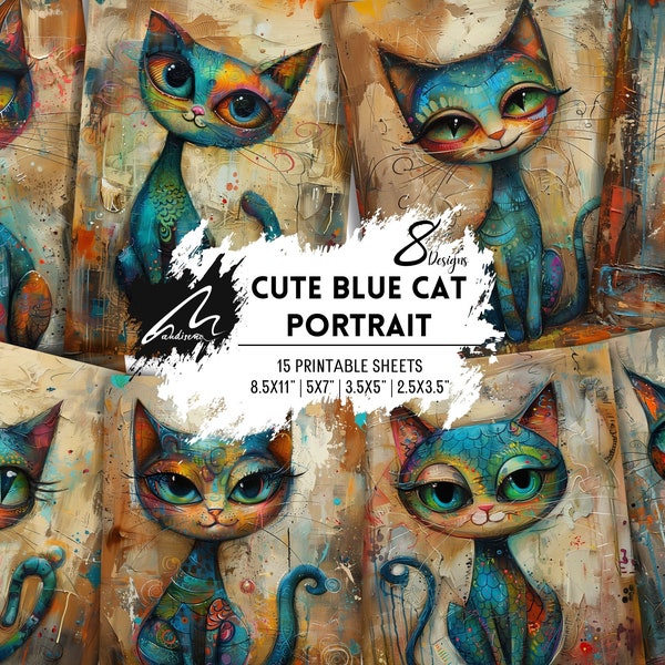 Cute Blue Cat Portrait | Mixed Media Whimsical Painting Digital Art | PRINTABLE Cards Digital DOWNLOAD