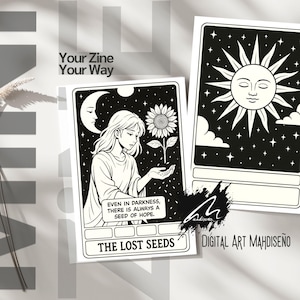 Murmures de la nature sauvage - zine noir et blanc pliable à faire soi-même, mini livret sur la croissance intérieure, zine d'auto-réflexion imprimable avec esthétique de tarot