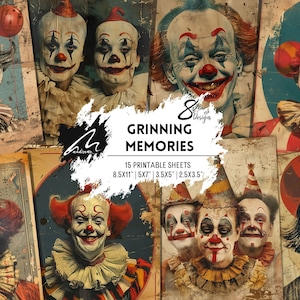 Arte imprimível de palhaço sorridente assustador - Download digital de circo vintage, páginas de diário de lixo grunge para scrapbooking, artesanato, itens efêmeros e decoração