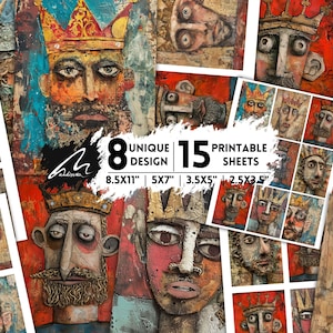 Carte digitali con maschera tribale astratta, pagine di scrapbooking artistiche con texture King, materiali stampabili eclettici con tecniche miste, effimeri diari di spazzatura unici