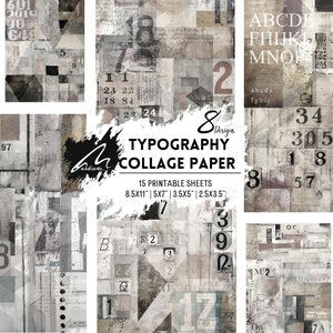 Papier de scrapbooking, typographie numérique, collage géométrique grunge - alphabet et chiffres, techniques mixtes abstraites pour journaux, découpage et éphémères