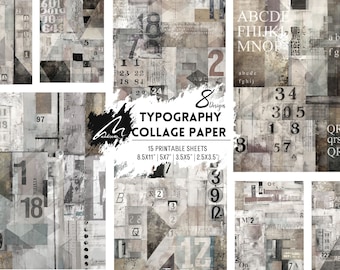 Typografie Junk Journal, Collage Papier, AFDRUKBAAR Vel, Scrappy Papier, DIGITALE Download, Vintage, Brief, Nummer, Scrapbooking, Mixed Media