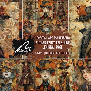Autumn Muse Collage Pages Fall Junk Journal Printable Shabby Ephemera Kit de mídia mista para scrapbooking, artesanato, diário e decoração de casa