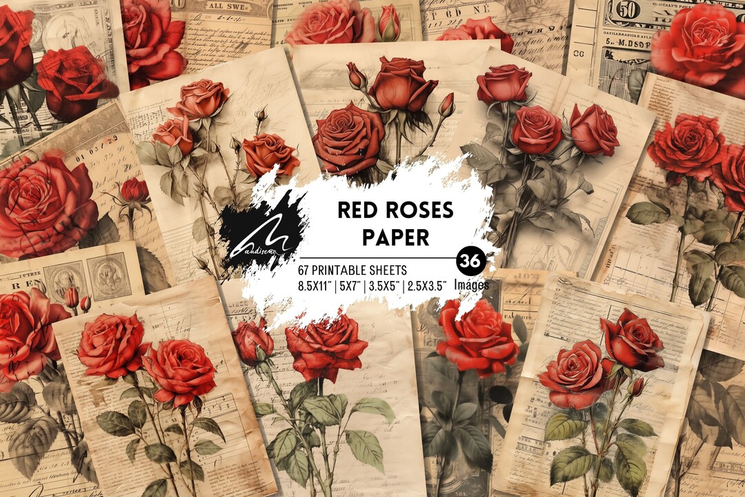 Vintage Red Roses Collage Digital Art Printable Scrappy Papers Romantic ...
