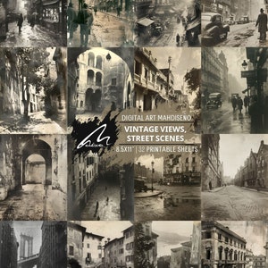 Páginas de álbum de recortes con escenas de calles destrozadas por la guerra, papeles de desecho italianos, kit de diario basura sepia, conjunto de collage de técnica mixta, efímera digital imprimible