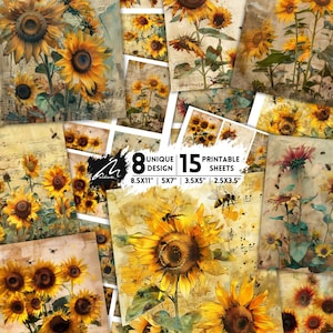 Sunlit Sonata: stampa artistica di girasole e ape, sfondi per album ispirati alla natura, note musicali su design floreale, kit di diario digitale spazzatura