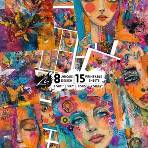 Paesaggio onirico vibrante: motivi floreali colorati con volti hippie, arte digitale astratta per tecniche miste, fogli di collage moderni, stampabili per scrapbooking