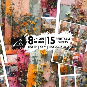 Fantasia floreale: texture artistiche e collage di fiori, diari di spazzatura shabby, opere d'arte con tecniche miste stampabili per artigianato creativo e arredamento per la casa