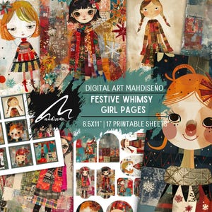 Winter Whimsy: Elfo affascinante in abiti da festa, stampa digitale di diario spazzatura, fogli di collage, kit di effimeri per lavori artigianali e scrapbooking per le feste