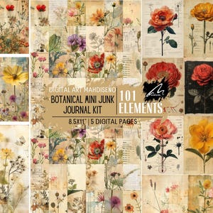 Mini botanische ongewenste dagboek kit miniatuur scrappapier afdrukbare vintage Ephemera digitale mini boek bloemen plakboek benodigdheden postzegel