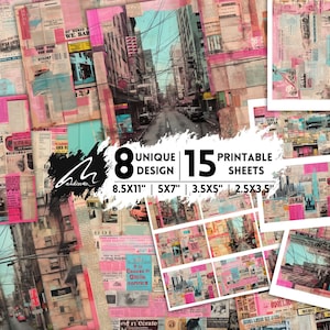Collage di carta da giornale retrò, sfondi di ritagli di riviste vintage, pagine di scrapbooking eclettiche, effimeri diari di spazzatura colorati