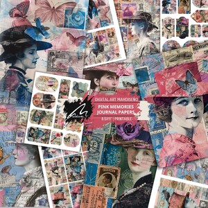 Impresión digital de una dama y un pájaro victorianos, hojas de collage de técnica mixta, sellos postales antiguos, efímeras femeninas para álbumes de recortes y diarios basura