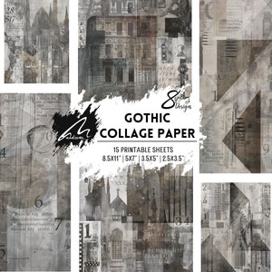 Carta digitale per collage di cattedrali gotiche - Album di ritagli monocromatico con tecniche miste, alfabeto, numeri e architettura spettrale per progetti artigianali
