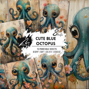 Kit de arte de pulpo caprichoso "Cefalópodo floreciente" Páginas para álbumes de recortes y diarios basura Hojas de collage imprimibles Impresiones digitales de animales submarinos CU