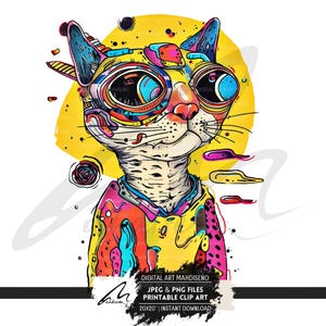 Whimsical Cat Clip Art, Colorful Cat Sublimation, Whimsy PNG & JPG, Printable Cat Clipart, Surreal Cat Clipart, Artistic Digital Art Print