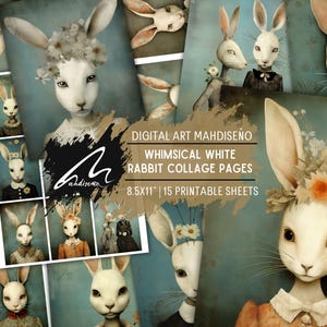 Confezione di effimeri ritratti di coniglietti vittoriani stravaganti per scrapbooking – Elegante arte surreale di conigli per diari spazzatura, collage e kit di artigianato