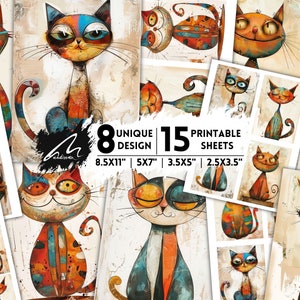 Vrolijke kattenkunst Digitaal papier, kleurrijke Kitty Scrapbooking Funky katachtige collagevellen Artistiek rommeldagboek Ephemera, creatieve kattenknutsels