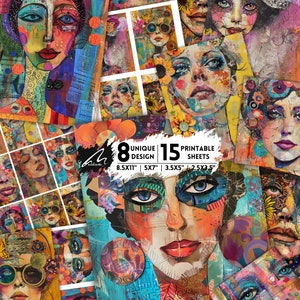 Spettro dei sogni: stampa artistica colorata, volti stravaganti e forme astratte, vivaci pagine di collage di diario spazzatura per scrapbooking creativo