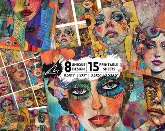 Può includere: Un collage di 15 fogli di carta digitale stampabili con volti astratti colorati con linee e motivi audaci. I fogli sono disponibili in 8 design unici e sono disponibili in diverse dimensioni, tra cui 8,5x11 pollici, 5x7 pollici, 3,5x5 pollici e 2,5x3,5 pollici.