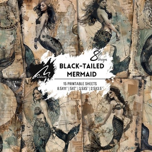 Vintage maritime Sirene: Gothic Meerjungfrau Collage Altpapier Kunstdruck im viktorianischen Stil für Scrapbooking, Junk Journaling und Ephemera Kits