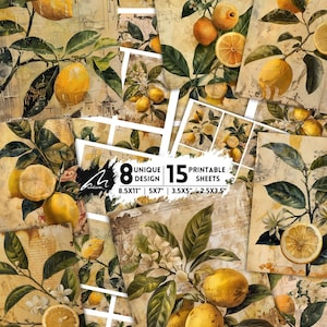 Carte digitali manoscritte vintage di limoni, pagine di scrapbooking di arte antica di agrumi, elegante sfondo botanico, classico diario di spazzatura stampabile