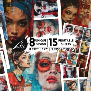 Vivid Scarlet Impressions: fogli di collage digitale in stile graffiti, carte da diario per gli appassionati di artigianato, scrapbooking e junk journaling
