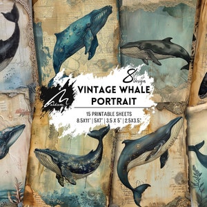 Pagine di album vintage con balene oceaniche e motivi grounge - Collage nautico Carte digitali rovinate per diari spazzatura e kit di effimeri stampabili per artigianato