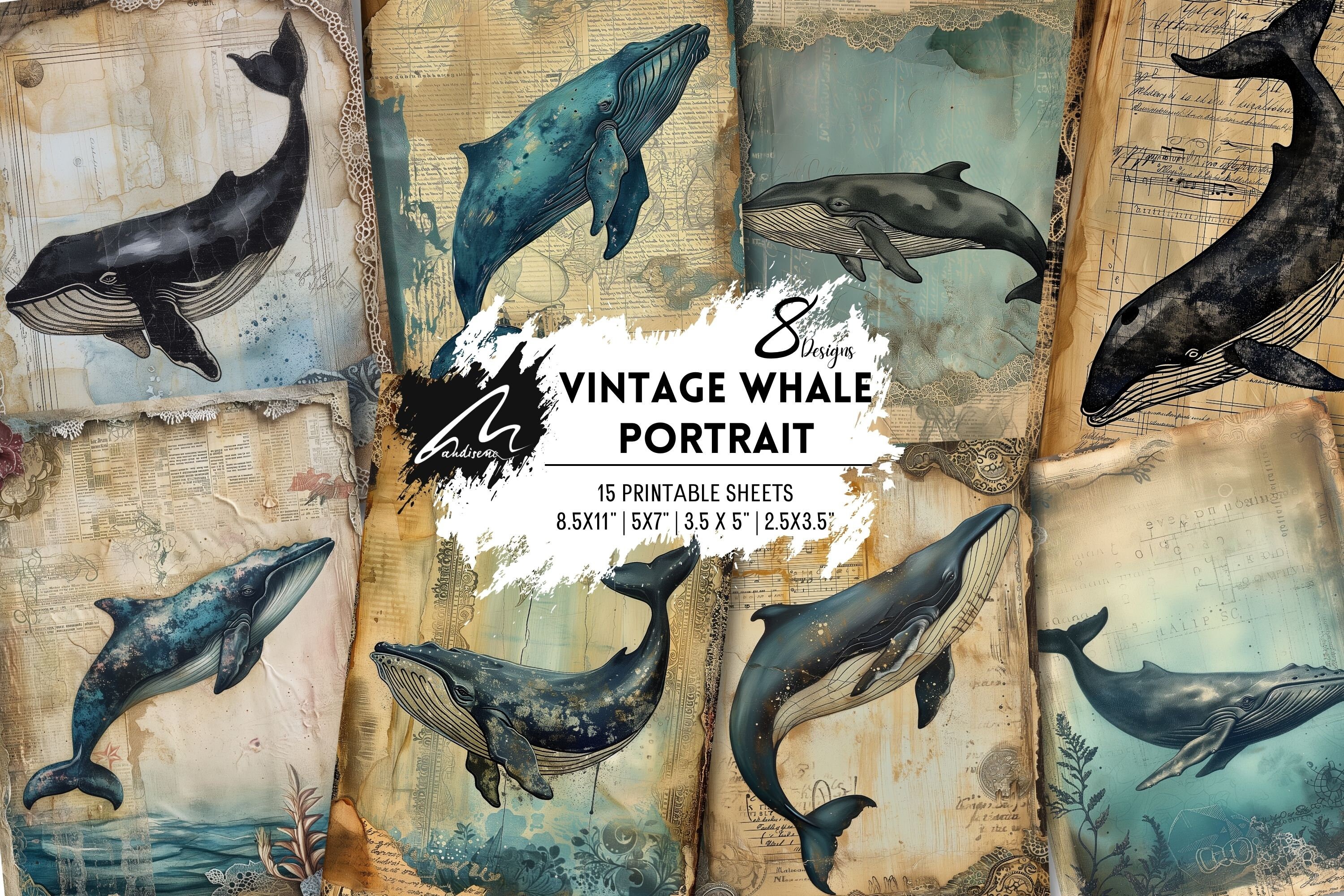 Vintage Oceanic Whale Grounge Scrapbook Pages-Nautical Collage Digital Distressed Papers for Junk Journals & Crafting Printable Ephemera Kit