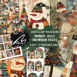 Incantevole paese delle meraviglie invernale: set di carte per scrapbooking con pupazzo di neve e albero di Natale patchwork allegro, fogli per l'artigianato di Junk Journal festivo