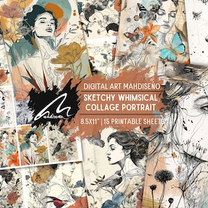 Boho bloemenportret ongewenste dagboekpagina's eclectische vintage collage papers surrealistisch botanische kunst digitaal plakboek kortstondige kit downloadbaar