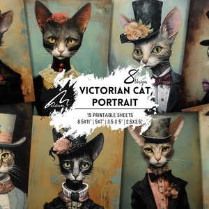 Victorian Cat Portrait | Whimsical Quirky Digital Art | PRINTABLE Junk Journal Scrapbook Page DOWNLOADBLE Art CU