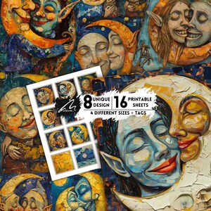 Enigmatic Faces of Moonlight: un'esplorazione stravagante nell'arte digitale stampabile blu e oro per collage, diario di scarto e scrapbooking
