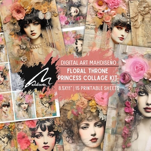 Vintage Rose Muse Romantic Floral Portrait Shabby Boho Digital Scrapbook Pages Junk Journal Kit Collage Mixed Media Printable Ephemera Kit