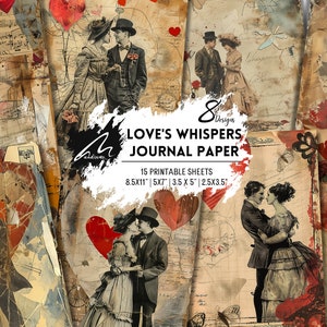 Pagine di diario vintage vittoriano romantico / Collage di coppia shabby chic / Kit di effimeri cuori / Fogli digitali stampabili grunge