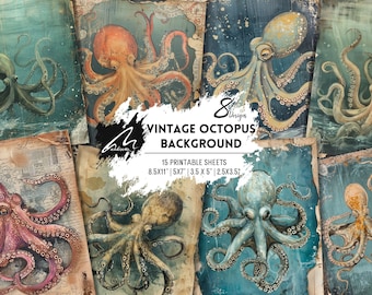 Vintage Octopus Collage Kit – Printable Grunge Ocean Ephemera for Junk Journals, Scrapbooking, Steampunk Art & Mixed Media Projects