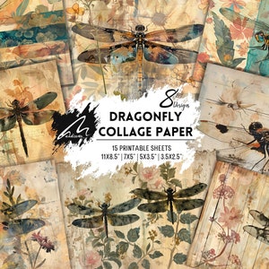 Kit de collage botanique libellule rêves vintage Junk Journal Ephemera imprimable techniques mixtes papiers d'art fournitures créatives inspirées de la nature