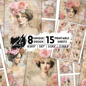 Carta digitale vittoriana Lady and Roses Romantico Shabby Lace Scrapbooking Sfondo Vintage Floral Ephemera Elegante Junk Journal Stampabile