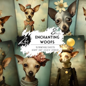 Ritratti di Chihuahua vintage stravaganti Arte surreale per cani shabby per scrapbooking Pagine di diario spazzatura Carte per collage Stampe digitali istantanee CU