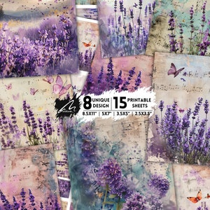 Lavendel melodie digitale kunstafdruk: elegante afdrukbare collagevellen plakboekachtergronden en vlinders, muzieknoten, vintage kaartstructuren