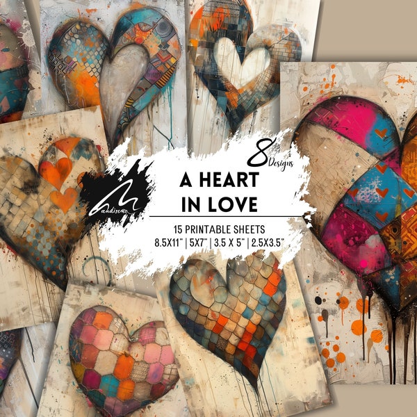 A Heart in Love, Shabby Junk Journal Page, Mixed Media, Colorful Heart, Scrappy Paper, Vintage, VALENTINE Cards, Digital DOWNLOAD Love Craft