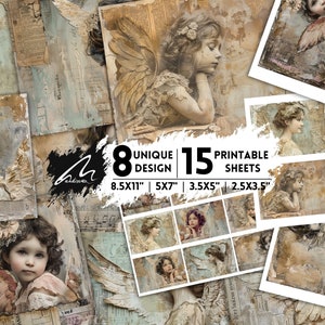 Angelic Dreams Digital Shabby Paper, Arte Cherubino Vintage, Effimere Tecniche Miste, Scrapbooking Stampabile, Pagine di Diario di Spazzatura Estetica Celeste