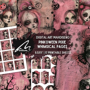 Sogni rosa gotici: fogli stampabili con ritratti di bambole inquietanti e carte digitali dark whimsy per lavoretti di Halloween, diari spazzatura e collage