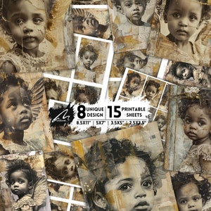 Ritratti di bambini angelici stampabili, pizzo vintage di bellezza africana e accenti dorati, collezione di carta effimera per scrapbooking e diari d'arte