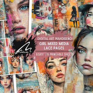 Occhi dell'innocenza: ritratto digitale con tecniche miste per scrapbooking, kit per diario spazzatura, creazione di collage, texture stampabili, effimere, colori vivaci