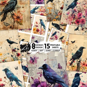 Verzauberte Wiese: Majestätische Amsel & Wildblumen Botanische und Vogel Digital Kit Naturinspirierte Scrapbook Hintergründe Floral Fauna Drucke