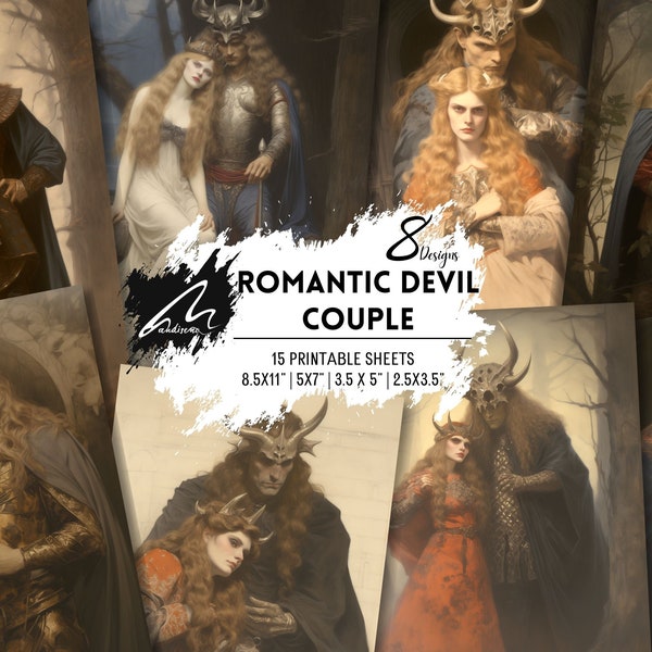 Vintage Couple Portrait Painting, Romantic Devil Couple, Antique, Oil Painting, PRINTABLE Digital Art