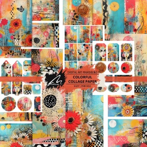 Buntes Blumen-Digital-Papier, helle Mixed Media-Kunst, Boho-Chic-Bastelhintergrund, Junk Journaling Printable, Scrapbooking Ephemera Kit