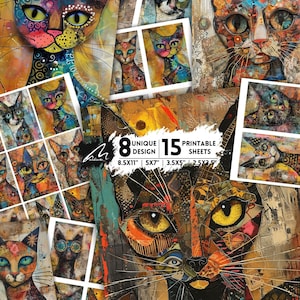 Páginas de álbum de recortes extravagantes con retrato de gato estilo steampunk, kit de diario basura abstracto, hojas de collage para manualidades, efímeras imprimibles digitales con técnica mixta