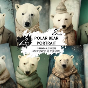 Páginas de diario de osos polares Arctic Elegance, arte de collage surrealista, kit de álbum de recortes de Winter Wonderland, efímeras nevadas, impresiones digitales en técnica mixta CU